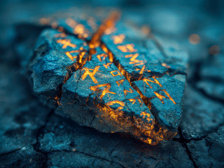 Illuminated ancient symbols etched into rugged volcanic stone radiate a gentle amber glow, casting an enchanting aura within a shadowy, otherworldly realm.の写真素材