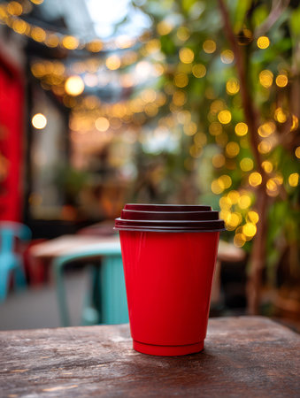 An eye-catching crimson coffee mug rests on a rustic wooden surface, surrounded by glowing string lights and a welcoming outdoor caf? vibe evoking warmth and celebraの写真素材