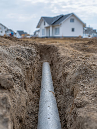 A newly laid steel conduit rests in a recently excavated trench, preparing to connect suburban homes...