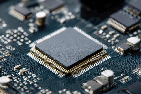 A close-up of a sleek microchip embedded on a circuit board, surrounded by tiny resistors and...