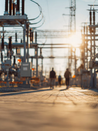 Silhouetted figures stroll past massive transformers and high-voltage wires, as a warm sunset bathes...