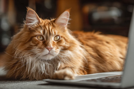 A serene ginger feline with flowing fur lounges peacefully beside a computer, embodied tranquility...