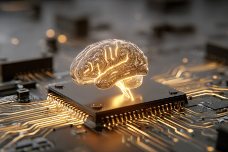 A radiant network of interconnected pathways forms a central digital mind, shining with vibrant hues...