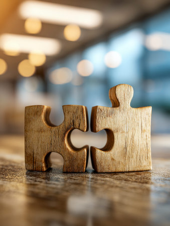 Two interlocking wooden pieces resting on a textured surface evoke collaboration and unity, set...