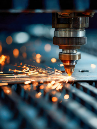 A sleek industrial device emits vivid sparks as it meticulously carves through a metal sheet,...