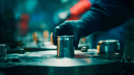 A diligent technician dons safety gloves while guiding a pristine aluminum container along sleek, robotic systems in a cutting-edge beverage manufacturing plant.の写真素材