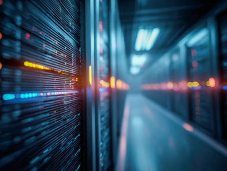A sleek, futuristic hall lined with glowing server cabinets emitting vibrant, multicolored illumination, evoking a cutting-edge digital infrastructure ambiance.の写真素材