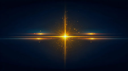 A luminous golden explosion radiates brilliance with dazzling beams extending across the cosmos,...