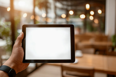 A person presenting a sleek device with an empty display, seated in a snug caf illuminated by gentle amber hues, with softened contours of tables and greenery in thの写真素材