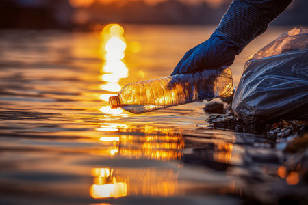 Amid a warm sunset glow, a gloved hand retrieves discarded plastic from the tranquil riverbank, symbolizing hope and commitment to preserving water sources.の写真素材