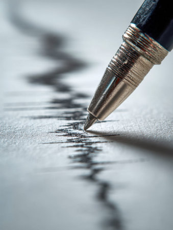 A close-up of a metal-tipped ballpoint pen gliding across rough white paper, forming energetic...
