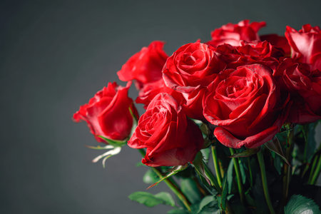 A stunning arrangement of crimson roses and lush green foliage contrasts beautifully against a muted...