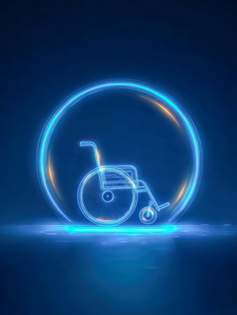 A sleek, radiant circle surrounds a luminous neon wheelchair symbol, representing modern innovation and commitment to inclusive technology solutions.の写真素材