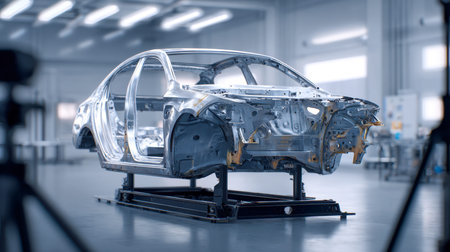 A sleek, unfinished car skeleton rests on a durable platform amid a well-lit, high-tech factory,...