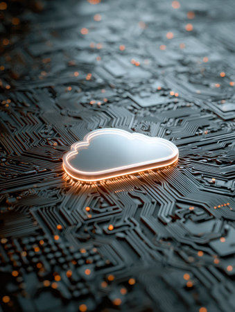 A luminous cloud shape radiates vibrant light against a detailed, shadowed circuit network, embodying modern data solutions and advanced technological connectivity.の写真素材