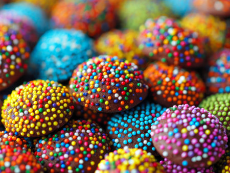 An inviting display of glossy, spherical chocolates adorned with lively, multihued sprinkles, arranged closely to evoke celebration and joyful indulgence.の写真素材