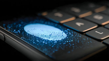 A glowing digital fingerprint graces a smartphone display next to a keyboard, highlighting...