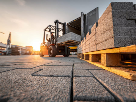 A forklift places rough-textured concrete slabs onto wooden pallets amid warm sunset hues,...