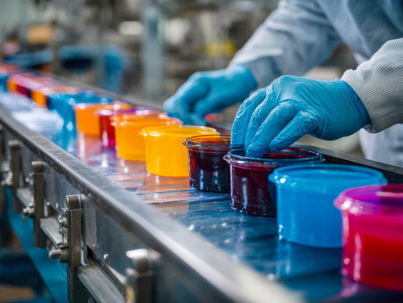 A skilled technician wearing safety gloves carefully sorts vivid containers of liquid, ensuring quality control within a bustling industrial environment.の写真素材