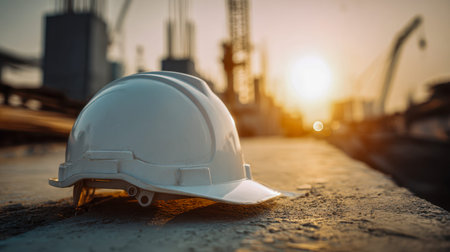 A solitary white safety helmet sits atop rough concrete, bathed in the golden glow of dusk amid a...
