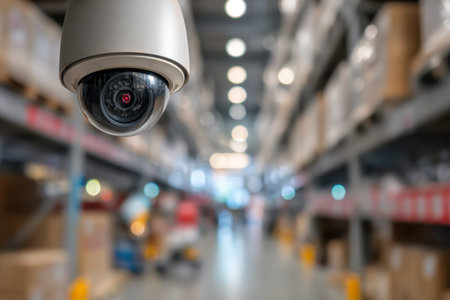 A high-angle security device keeps watch over neatly organized storage units and colorful boxes,...
