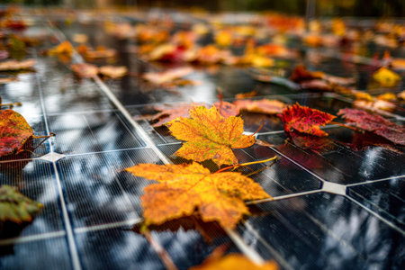 Vibrant fall foliage gently rests atop sleek solar arrays, illustrating harmony between seasonal...