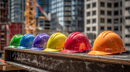 An array of brightly colored safety helmets rests orderly along a steel beam, with a bustling...