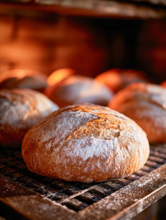 Warm golden-brown crusts peer through a baking rack in a cozy, rustic bakery, highlighting...