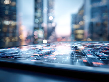 A sleek, transparent panel illuminated by vibrant neon data streams and tech symbols, set against a...