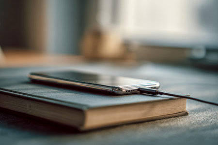 A phone charges peacefully atop a sturdy hardcover, bathed in gentle daylight that flows through a nearby window, creating a calm, cozy ambiance.の写真素材