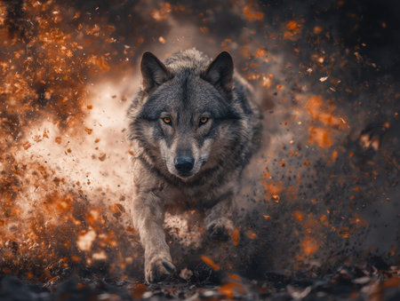 A fierce gray wolf surges through a swirl of crimson and gold leaves, its piercing eyes and muscular...