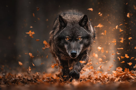 Shadows flicker as a commanding black predator glides silently across a leaf-strewn woodland, its...