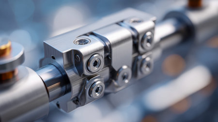 A close-up of a precision-engineered steel connector with tightened bolts, highlighting its...