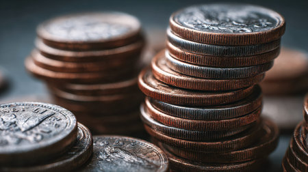 A collection of aged copper coins layered into several heaps, highlighting intricate surface...