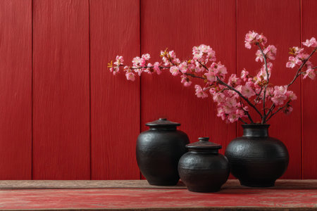 A refined display featuring sleek black ceramic containers and a slender vase with soft pink sakura blossoms, set atop a weathered wooden surface beneath a bold red-の写真素材