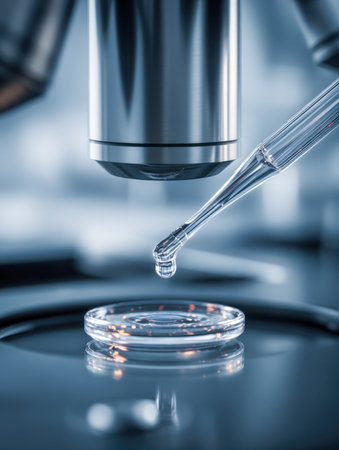 A precise liquid is being carefully dispensed onto a petri dish beneath a microscope, capturing the meticulous process of scientific experimentation and discovery.の写真素材