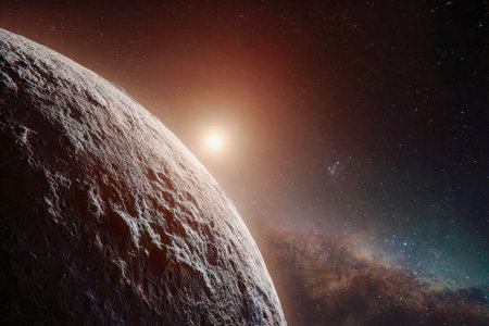 A rugged, cratered world bathed in the glow of a luminous star, surrounded by swirling hues of...