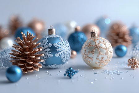 Bright winter holiday scene featuring delicate blue and white snowflake ornaments paired with rustic pine cones, creating a cozy and cheerful seasonal atmosphere.の写真素材