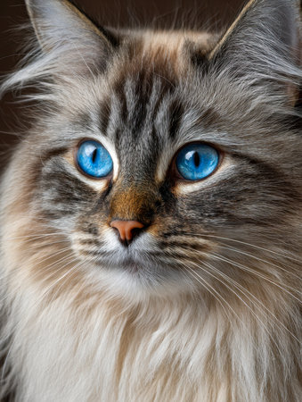 A captivating feline with lush, flowing fur and mesmerizing cerulean eyes, gazing thoughtfully into the horizon amidst detailed facial patterns.の写真素材