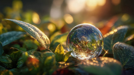 A luminous glass orb gently balanced on glistening leaves, capturing the warm glow of dawn amidst a...