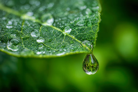 An intricate shot capturing a lush green leaf adorned with glistening dew, featuring a prominent...