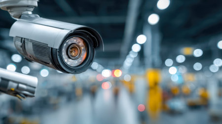 A sleek security device oversees a bustling industrial site, with fuzzy lighting and machinery in...