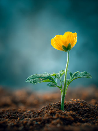 A striking yellow blossom emerges from lush earth, surrounded by crisp green foliage, conveying renewal and the pure elegance of nature set against a soft blue blur.の写真素材