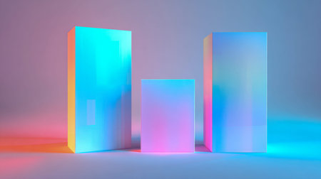 Three luminous, see-through blocks radiate with striking gradient shades of blue, pink, and orange,...