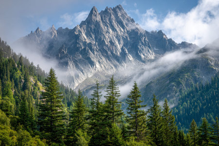 Towering ancient mountains loom over lush pine woods, with wisps of mist and drifting clouds forming...