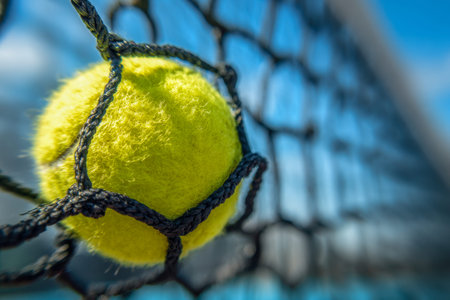 A vibrant yellow tennis ball is nestled in the net under bright sunshine, set against a crisp blue...