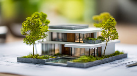 A detailed miniature of a contemporary two-story residence, set against a blueprint featuring lush...