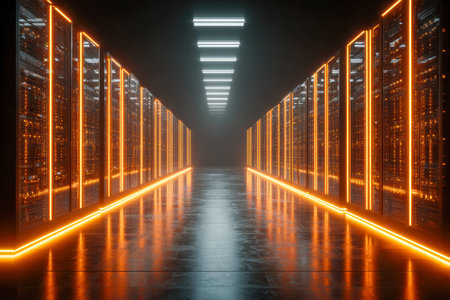 A sleek, high-tech hallway illuminated by vibrant orange LEDs that bounce off a polished surface,...
