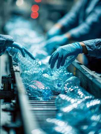 Focused workers in gloves carefully examine transparent bottles moving along a sleek conveyor, under...
