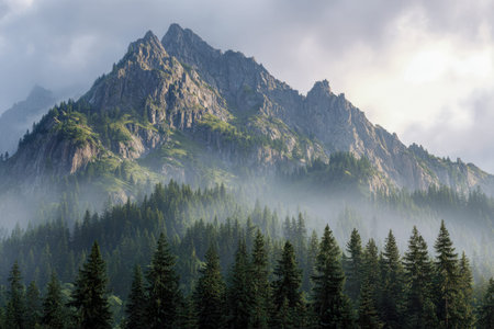 An imposing mountain juts through layers of fog, its craggy surface peeking above a lush, dark...